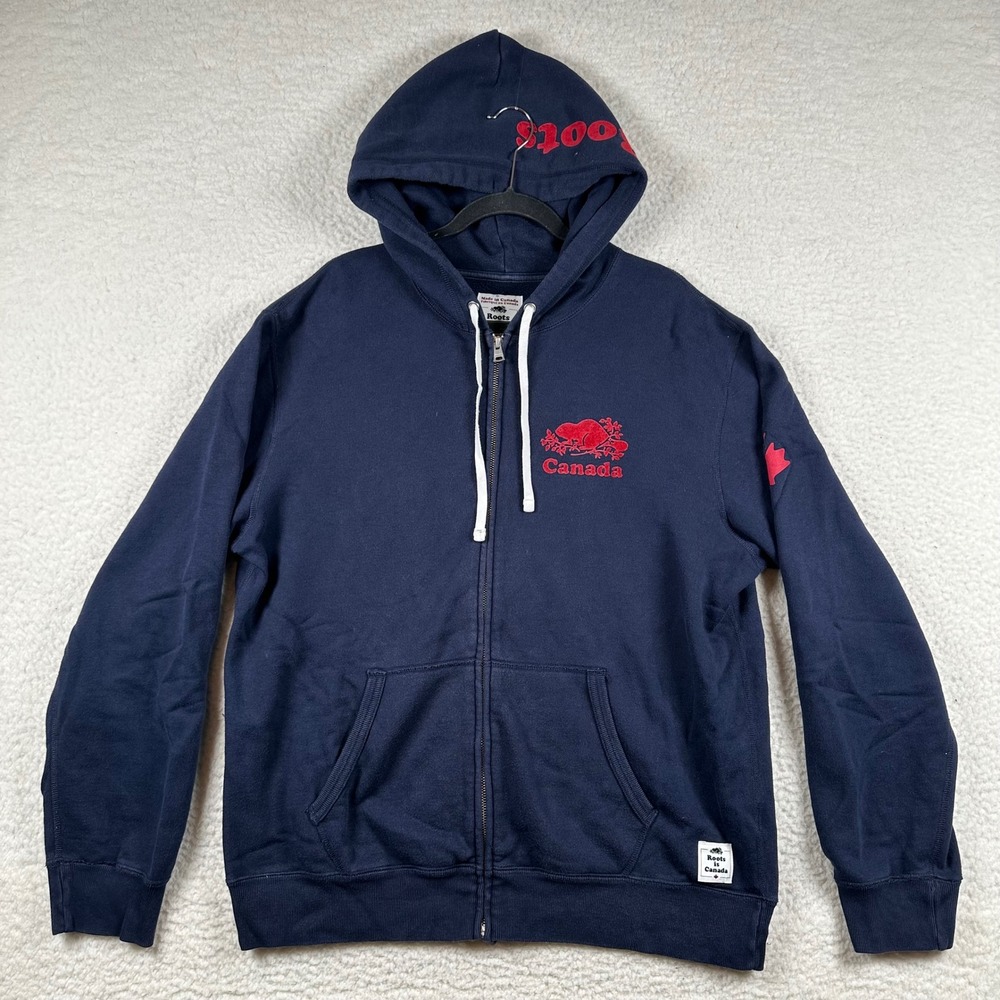Roots Full Zip Hoodie Men Canada Beaver Logo Sweatshirt L Navy Blue Cozy Outdoor